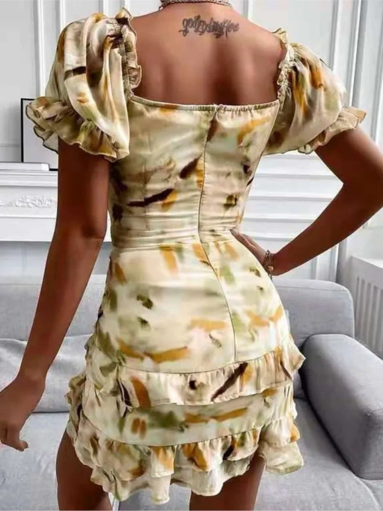 maoxiangshop Women's Spring Summer New Fashion Print Drawstring Ruffle Edge Sexy Off Waist Short Sleeve Casual Office Dress