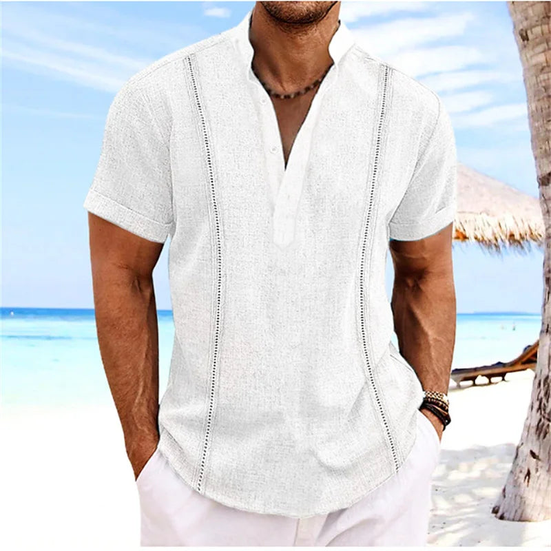 maoxiangshop 2024 Summer New Men's Short Sleeve Henri Collar Solid Color Cuban Guayabera Cotton Shirt Fashion Trend Beach Men's Top