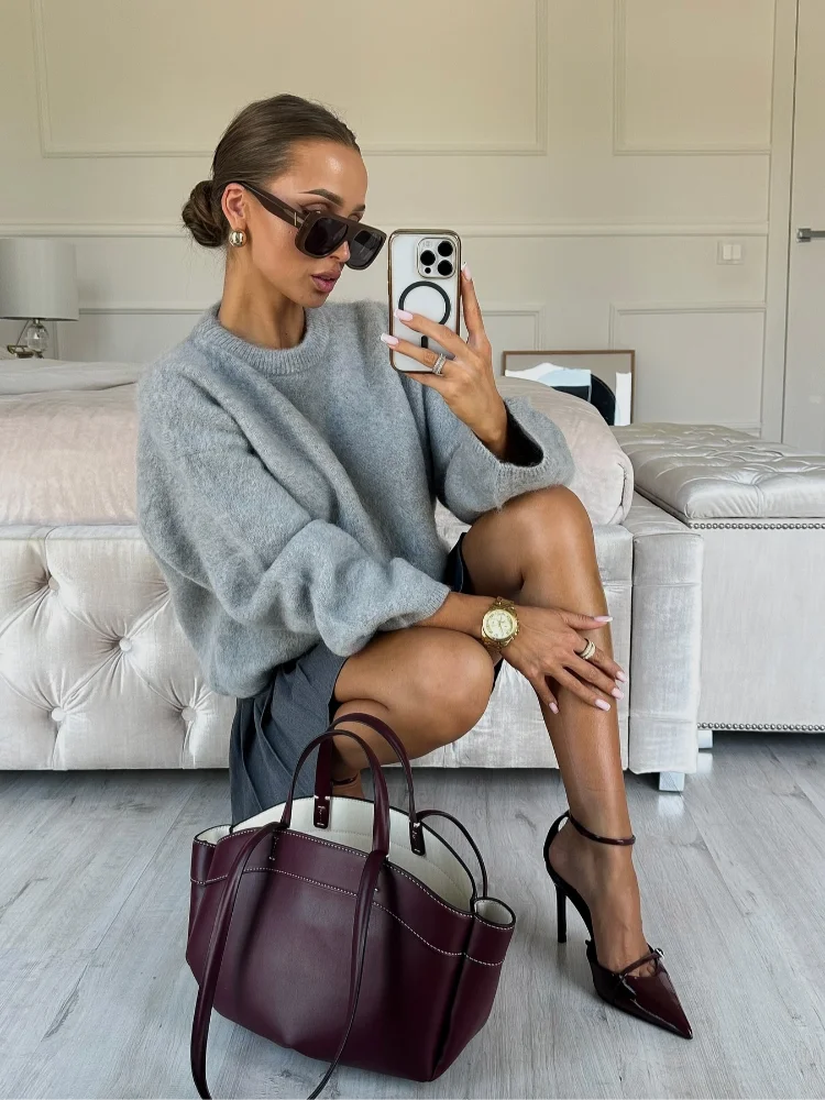 maoxiangshop - Knitted Long Sleeved O-neck Casual Pullover Fashion Solid Color Versatile Elegant Women's Sweater Commute High Street Autumn Top
