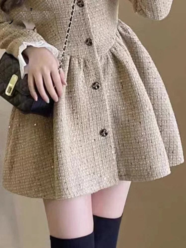 maoxiangshop Slim Waist Korean Style Women Dress New Ruffled Bow Single Breasted Fashion Female Mini Dresses Sweet Elegant Streetwear