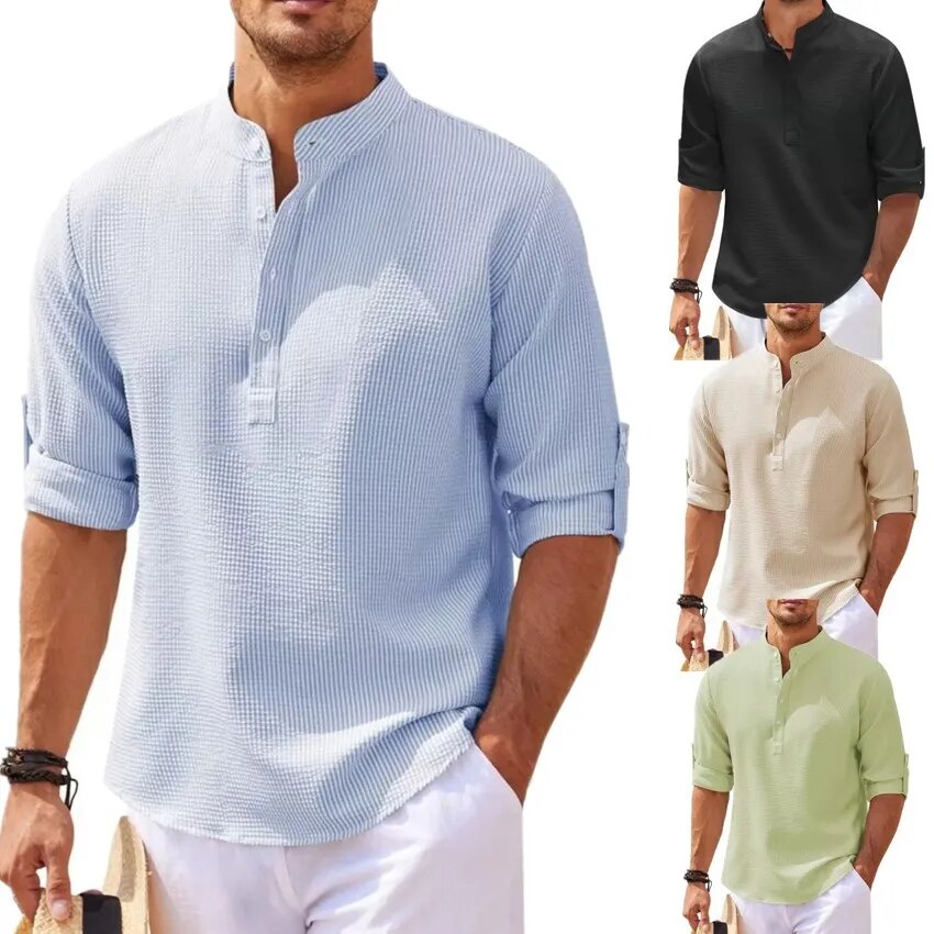maoxiangshop Cotton Linen Hot Sale Men's Long-Sleeved Shirts Spring Autumn Solid Color Stand-Up Collar Casual Beach Style Plus Size S-5XL