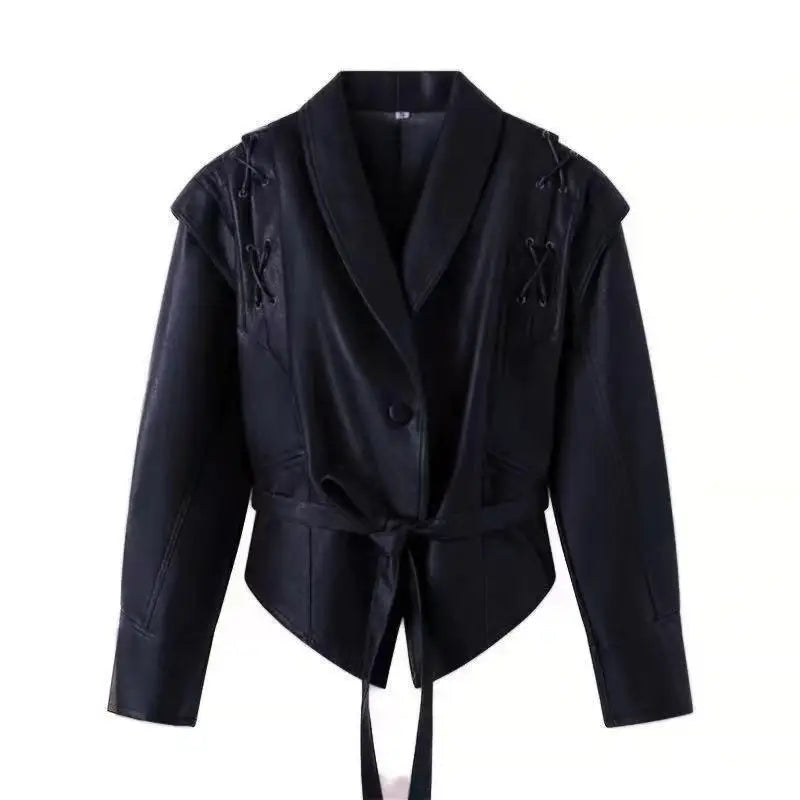 maoxiangshop - Fashion Leather Woman Short Jacket With Belt Turn Down Collar Long Sleeve Motorcycle Coat Ladies Winter Warm Street Outerwear