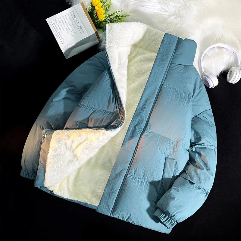 maoxiangshop WINTER OUTFITS Green Puffer Jacket Men Style Winter Lamb Wool Stand Up Collar Casual Jackets Men Thick Warm Coats Streetwear Solid Color Jacket
