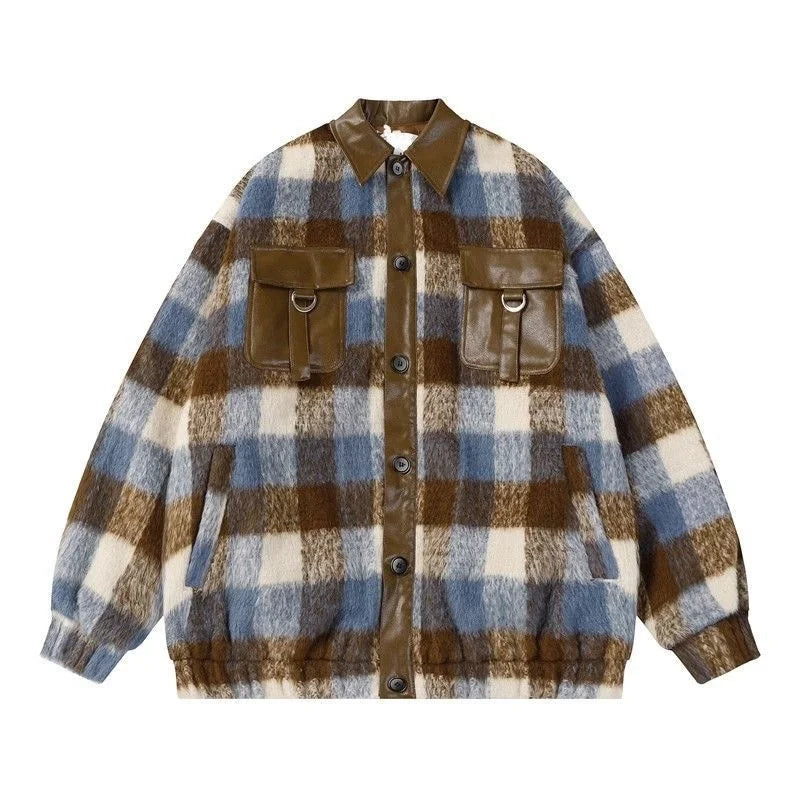 maoxiangshop - 2024 American Retro Casual Woolen Patchwork Leather Jacket For Women In Autumn Winter Maillard Atmosphere Woolen Plaid Jacket
