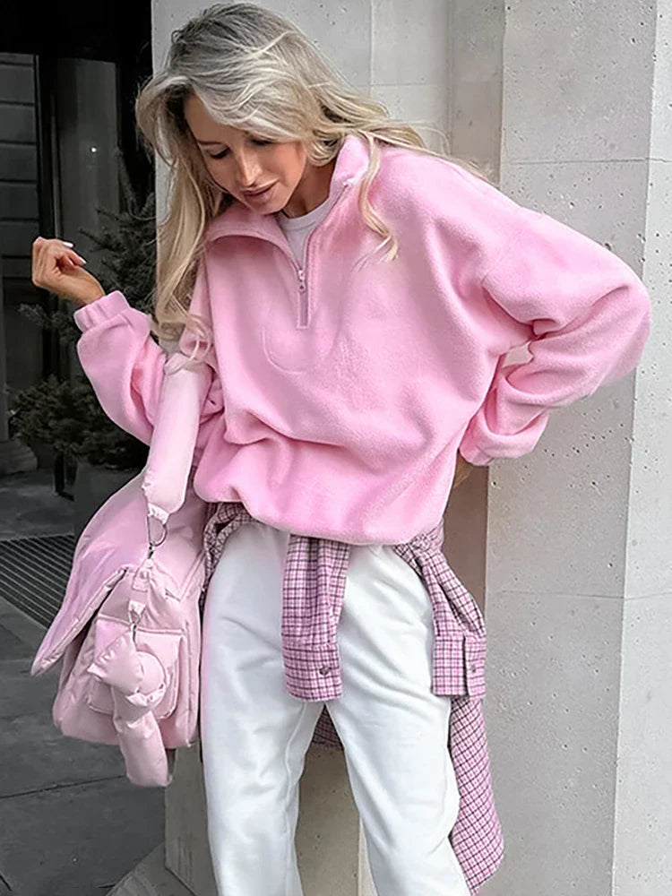 maoxiangshop - Fashion Women's Sports Sweatshirts Velvet 2024 Autumn Winter New Niche Solid Loose Casual Outer Top Long Sleeve Pullover