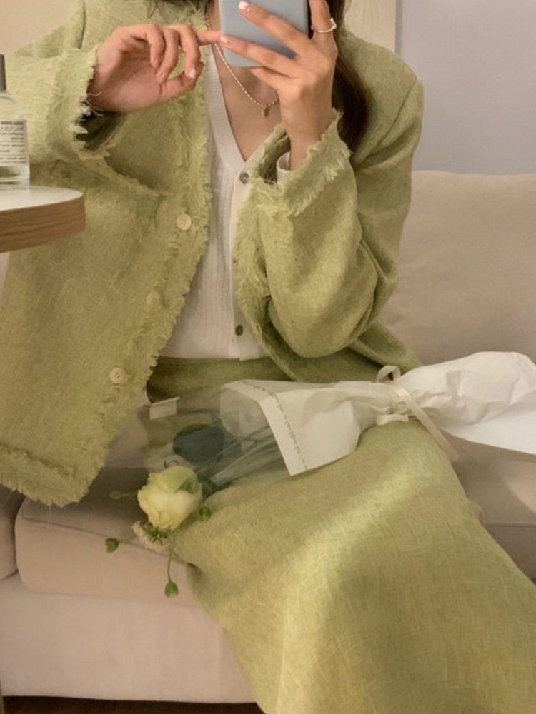 maoxiangshop Spring Green Tweed Two Piece Set Women Skirt Korean Fashion Long Sleeve Jacket + Midi Skirt Suits Vintage Femme 2 Pieces Outfits