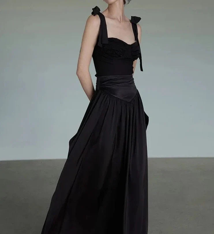 maoxiangshop - 2024 New Women Designer Two Pieces Set Black Camisole Tops Slimy Gothic Girl Tanks Maxi Skirts Outfit Hepburn Vintage Skirt