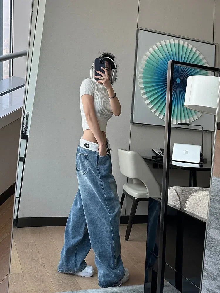 maoxiangshop Vintage Y2k Jeans Women Baggy Kpop Gyaru Streetwear Wide Blue Denim Pants Harajuku Korean Acubi Fashion High Waist Jeans