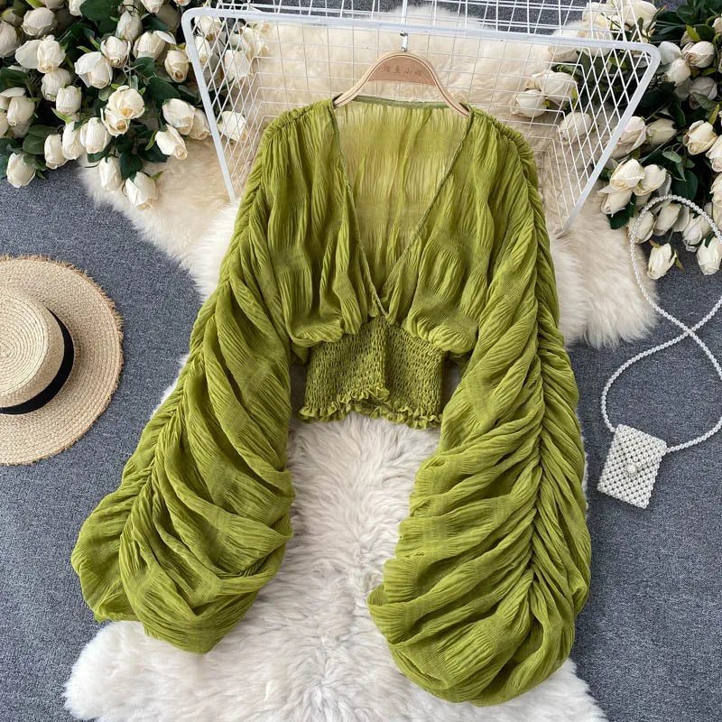 maoxiangshop-Women Sexy Chiffon Short Blouse Female See Through Super Long Sleeve Blusas Purple/Green/Black/White Folds Party Tops 2022 New