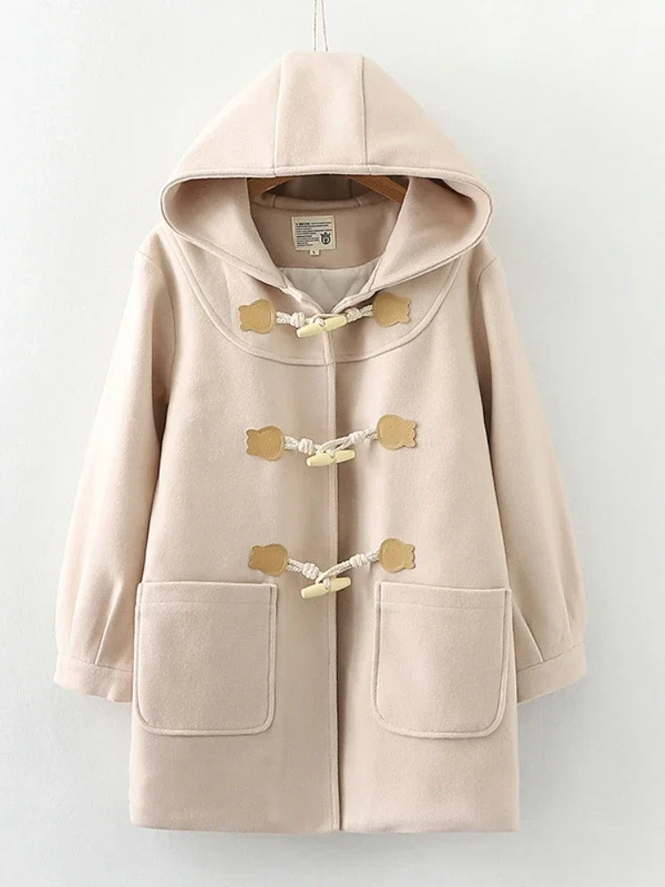 Purple Solid Warm Wool Blends Long Hooded Coat Straight Women Horn Button Casual Female Warmness Outwear