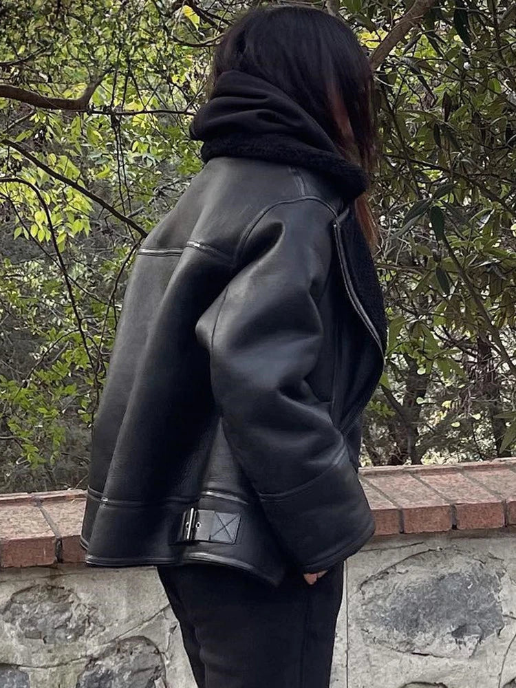 maoxiangshop - Autumn Winter Women Warm Black Zipper Faux Leather Jacket Coat Loose Turn Down Collar Thickness Overcoat Female Outwear