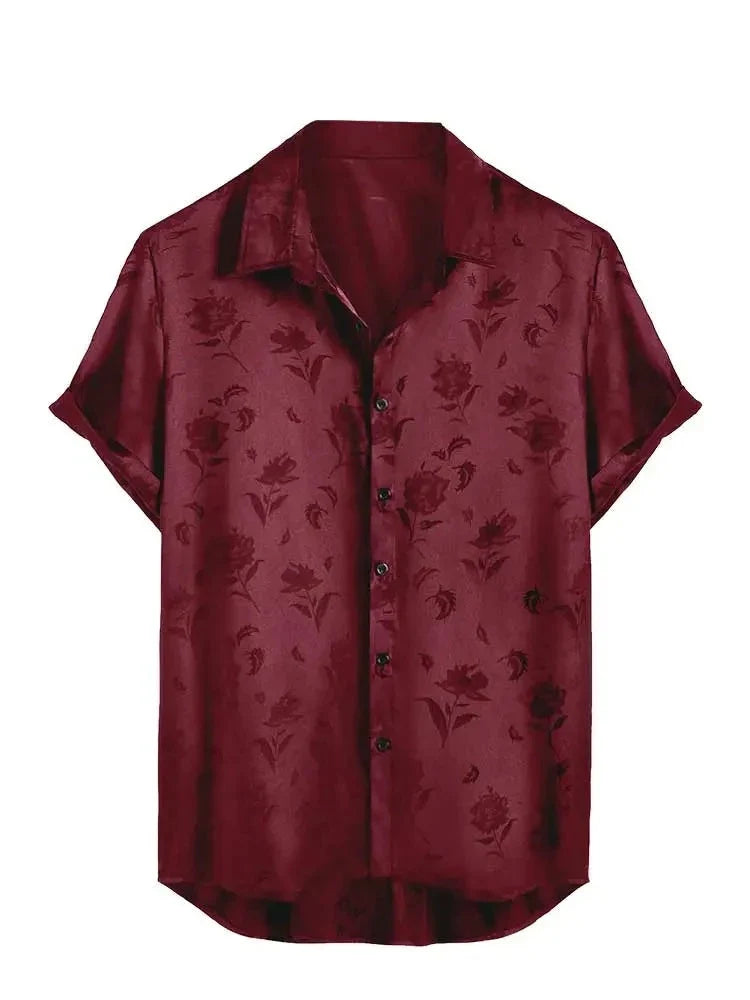 maoxiangshop Satin Shirts for Men Jacquard Rose Printed Silky Short Sleeve Shirt Summer Streetwear Button Blouse Tops