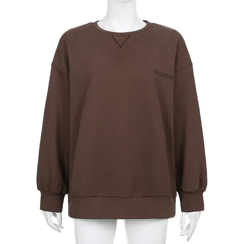 maoxiangshop - New Fall Trend Casual Long Sleeve Pullover Top Embroidered Oversized Brown Y2k Sweatshirt Ladies Winter Fashion Clothing