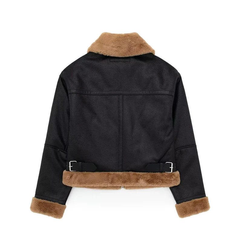 maoxiangshop - Loose Moto Biker Winter Shearling Sheepskin Leather Jackets Streetwear Thicken Parka Faux Leather Lamb Fur Outwear