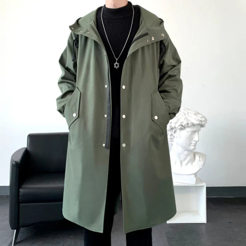 maoxiangshop New Autumn Men's Jacket Trench Coats Pie Over Solid Color Hooded Men's Fashion Handsome Leisure Long Jacket Trench Coats