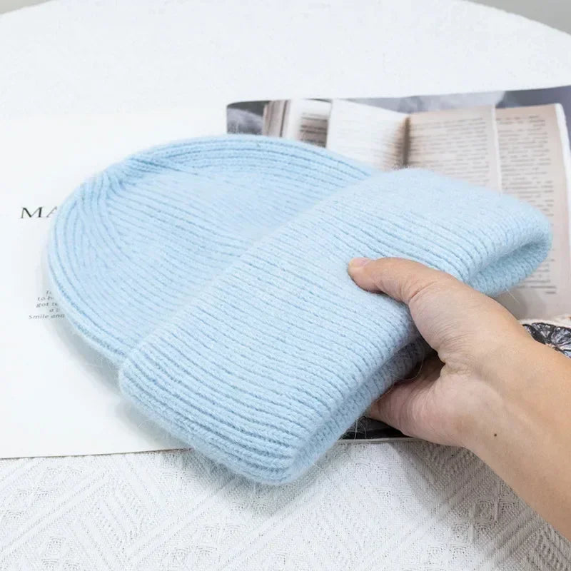 maoxiangshop 21colors Autumn Angola Rabbit Fur Knitted Beanies Winter Skullies Women's Hat Fashion Solid Warm Cashmere Wool Three Fold Thick