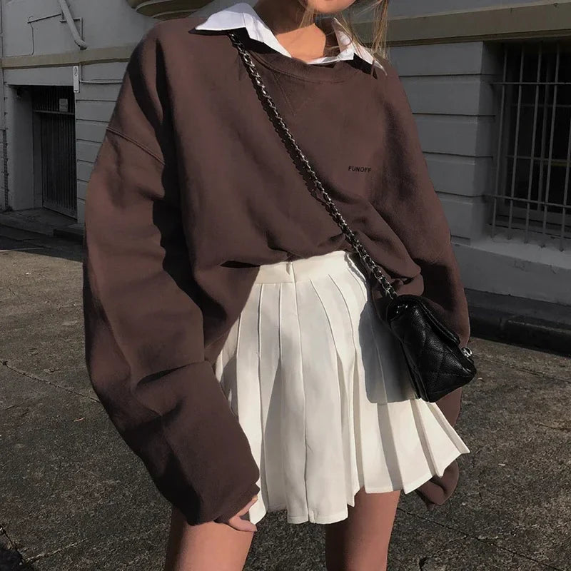 maoxiangshop - New Fall Trend Casual Long Sleeve Pullover Top Embroidered Oversized Brown Y2k Sweatshirt Ladies Winter Fashion Clothing