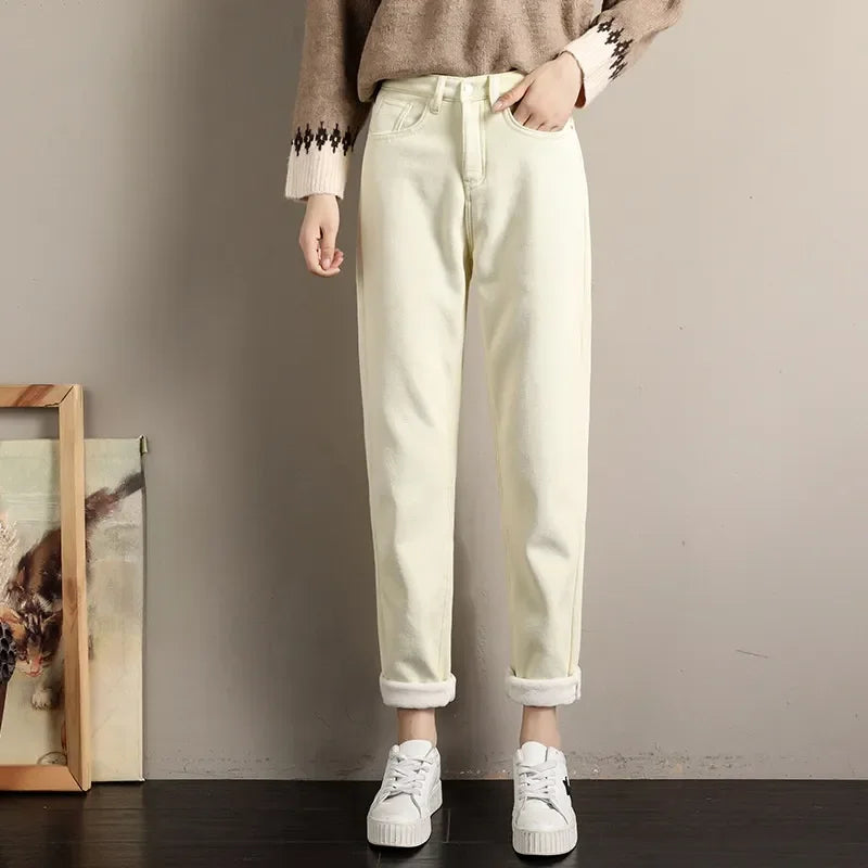 maoxiangshop Fleece Jeans Women Baggy Harem Pants Winter New High Waist Straight Thickened Warm Boyfriend Velvet Denim Trousers