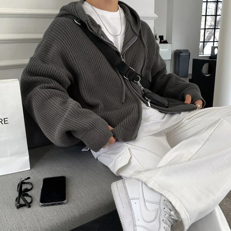 maoxiangshop Winter Sweater Cardigan Men Warm Oversized Knitted Hooded Sweater Coat Men Korean Loose Cardigan Sweater Mens Jumper Clothes