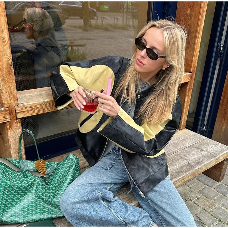 maoxiangshop - Leather Bomber Jackets Women O-neck Long Sleeve Zipper Contrast Locomotive Coat 2024 Autumn Lady New Vintage Outwear