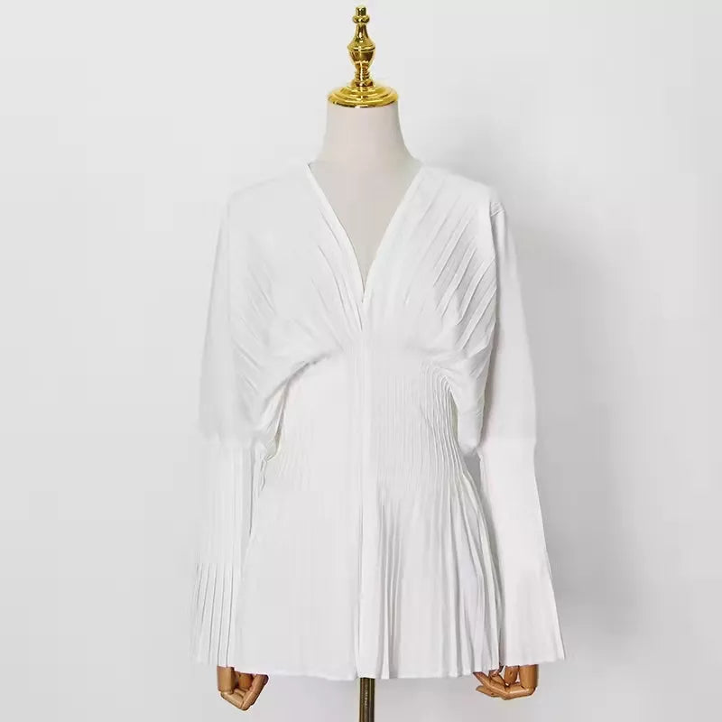 maoxiangshopElegant Women Loose White V-Neck Pleated Shirts Female Lantern Full Sleeve Tops Blouses Casual Blusas Spring Autumn