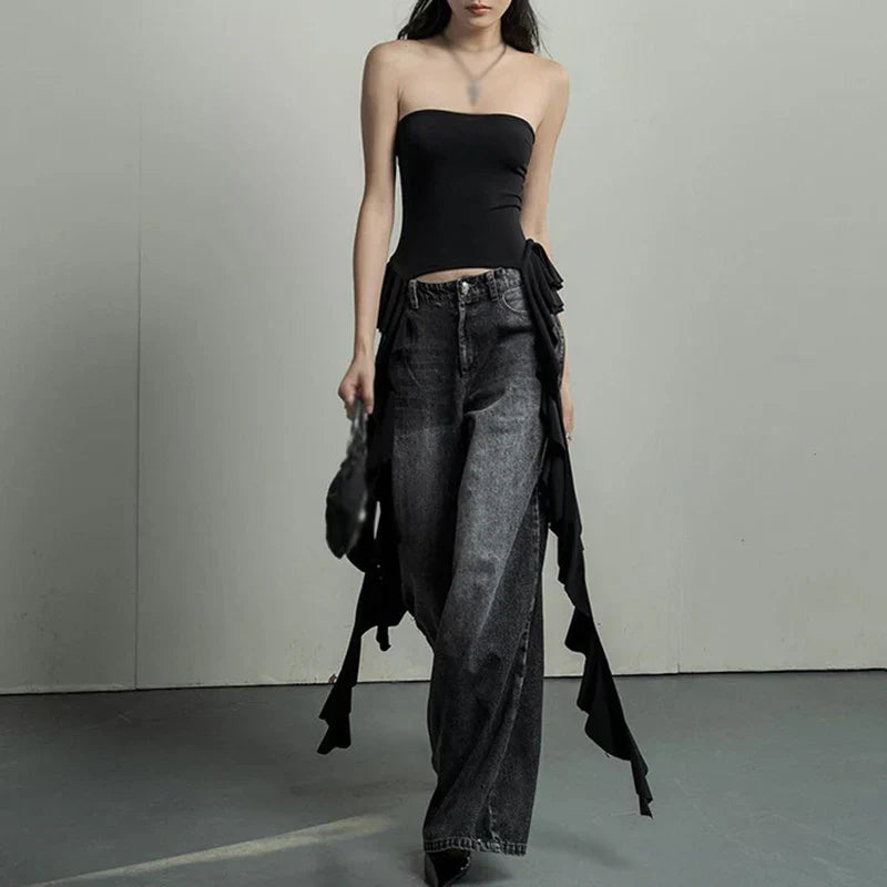 maoxiangshop-Y2k Tank Tops Asymmetrical Fringed Ruffle Top Streetwear Black Strapless Womans Summer Clothes