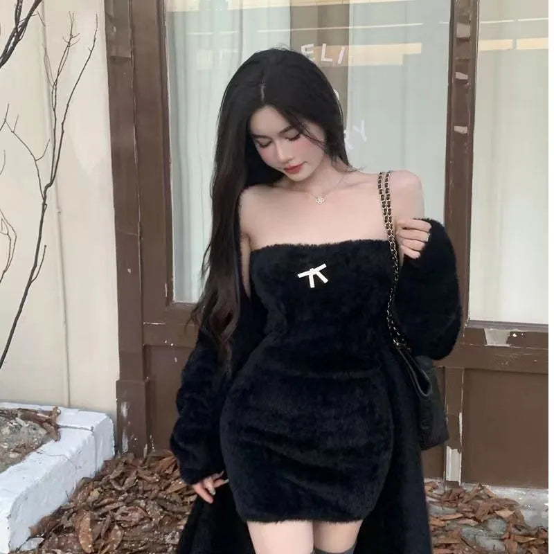 maoxiangshop Korean two piece dress elegant Knitted suit jacket mini dress for women luxury Sexy 2 piece sets white Cardigan two piece set