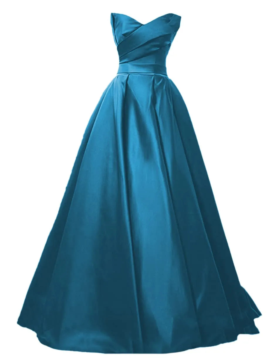 maoxiangshop Elegant A-Line Strapless Satin Evening Dresses for Women Sweetheart Neck Back Lace-up Floor Length Prom Gowns with Pleat