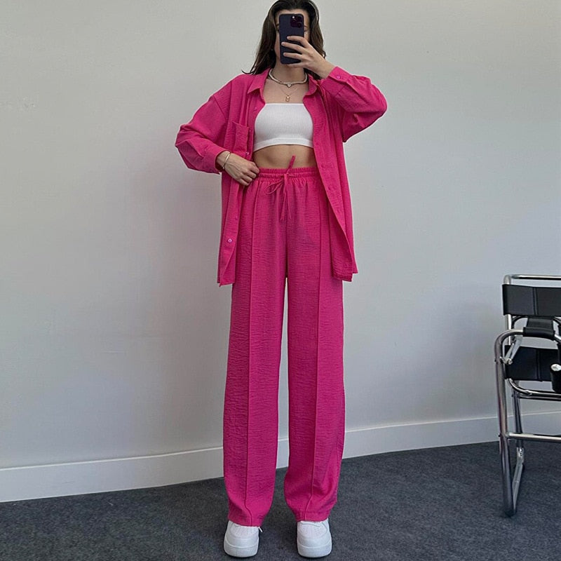 maoxiangshop New Womans Suit Autumn Sleepwear Two-piece Women's Homewear Long Sleeve Cropped Button Shirt + Wide Leg Pants Suit Ladies