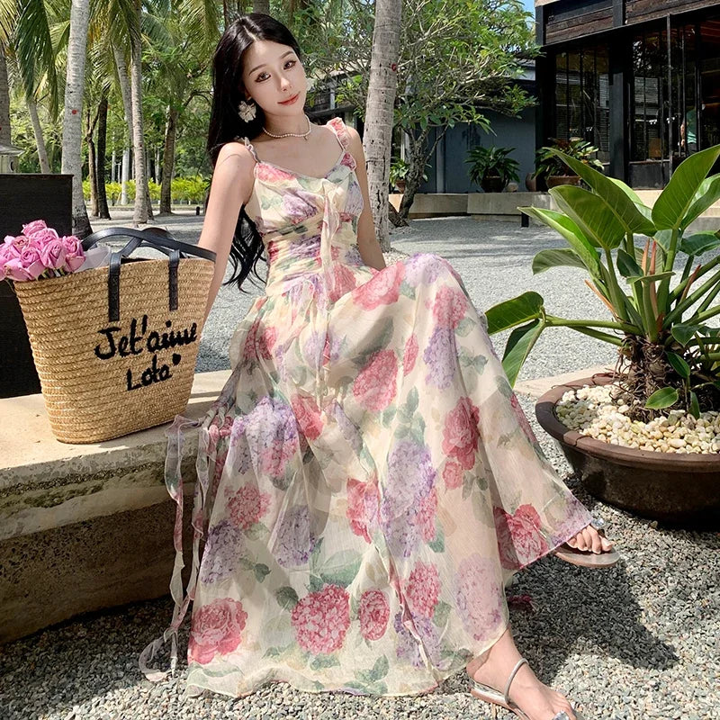 maoxiangshop Summer Chiffon Beach Maxi Dress Women Fashion Print Floral Backless Bandage Slip Dress Elegant Evening Party Fairy Dresses