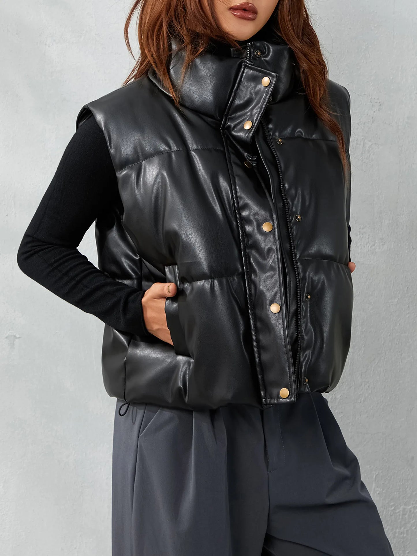 Zip-Up winter vest for women Black Coat Mock-Neck Tops Winter Casual Black Stand Collar PU Leather Coats Female Ladies