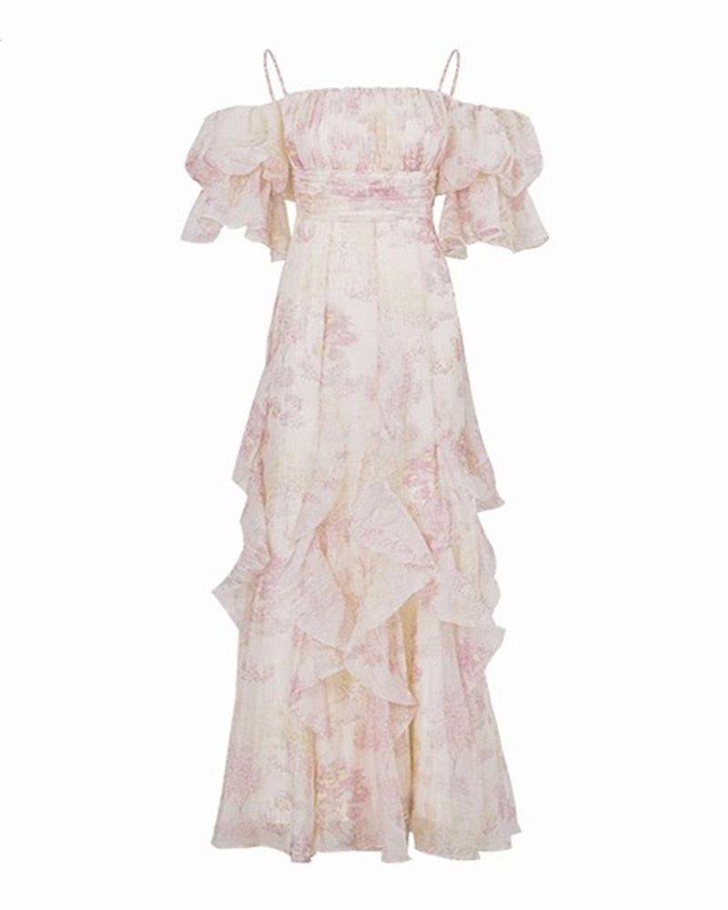 maoxiangshop Floral Sweet Women Midi Dress Mesh Elegant Slash Neck Korean Summer Female Dresses Petal Sleeve Fashion Lady Vestido New