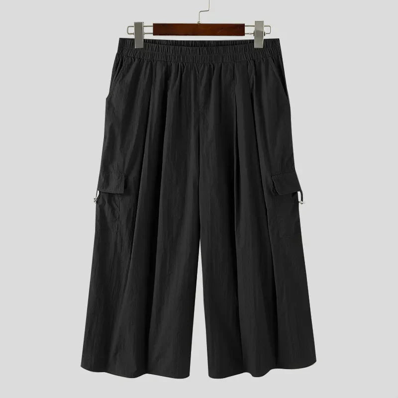 maoxiangshop 2024 Men Wide Leg Pants Elastic Waist Loose Pockets Casual Trousers Men Solid Streetwear Joggers Fashion Cargo Pants