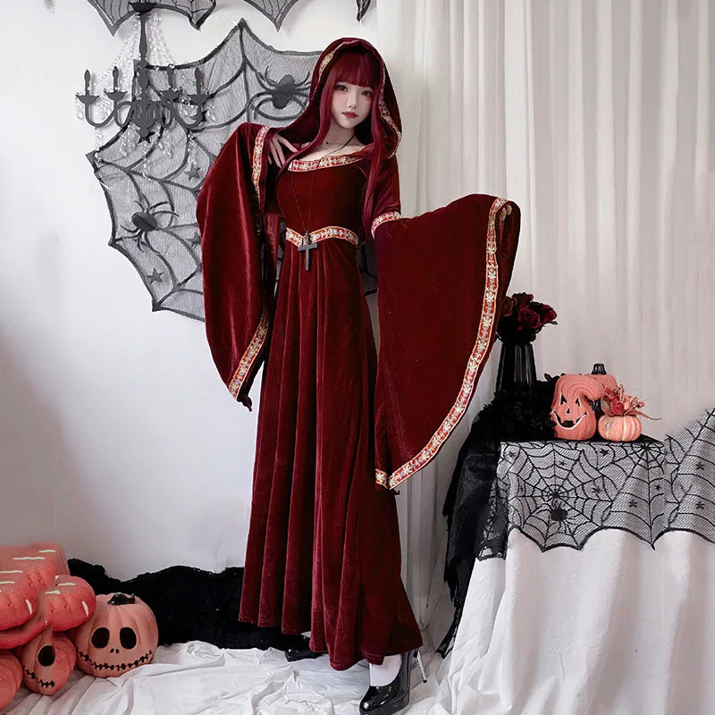 maoxiangshop - Halloween Adult Cosplay Costumes Medieval Retro Court of Europe Vampire Little Red Riding Hood Female Witch Dress 