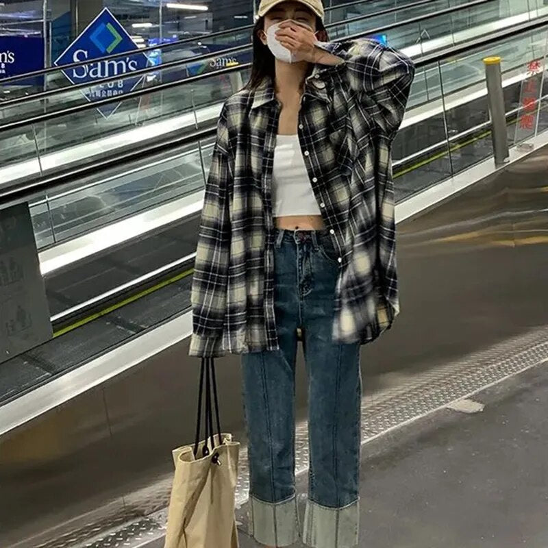 maoxiangshop Autumn All Match Plaid Shirts for Women Korean Fashion Button Up Oversized Shirt Woman Aesthetic Loose Blouse Female
