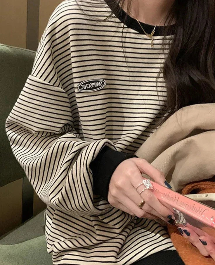 Korean Stripe Women's T-shirt Cotton Longs Leeve T Shirts for Women 2023 Spring Cheaper Basic Oversized Shirt Tops Sweatshirts