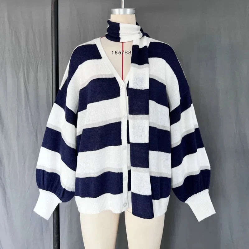 maoxiangshop - Striped Knit Sweater Cardigan With Scarf Women Casual V Neck Lantern Sleeve Coat 2024 Autumn Chic Contrast Lady Fashion Knitwear