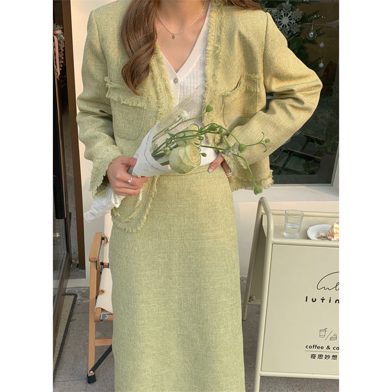 maoxiangshop Spring Green Tweed Two Piece Set Women Skirt Korean Fashion Long Sleeve Jacket + Midi Skirt Suits Vintage Femme 2 Pieces Outfits