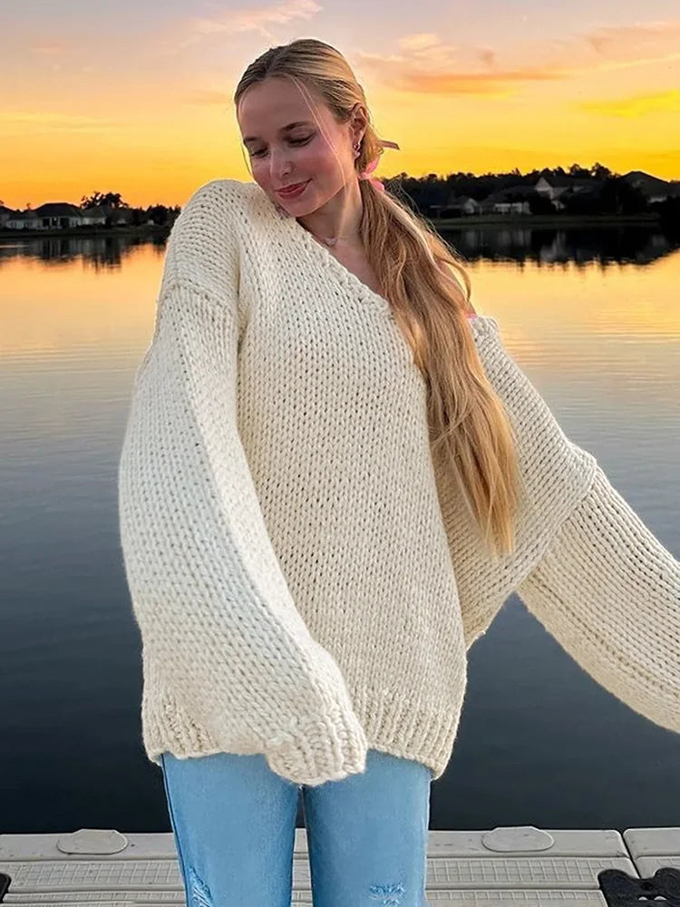 maoxiangshop - Loose Big V Neck knitted Sweater For Women Casual Solid Color Pullovers Top Long Sleeve Hollow Top Autumn Winter New 2024
