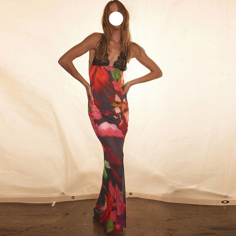 maoxiangshop Elegant Tie Dye Floral Chiffon Dress For Women Summer Sexy Bandage Backless Lace Long Dresses Female Beach Evening Robe