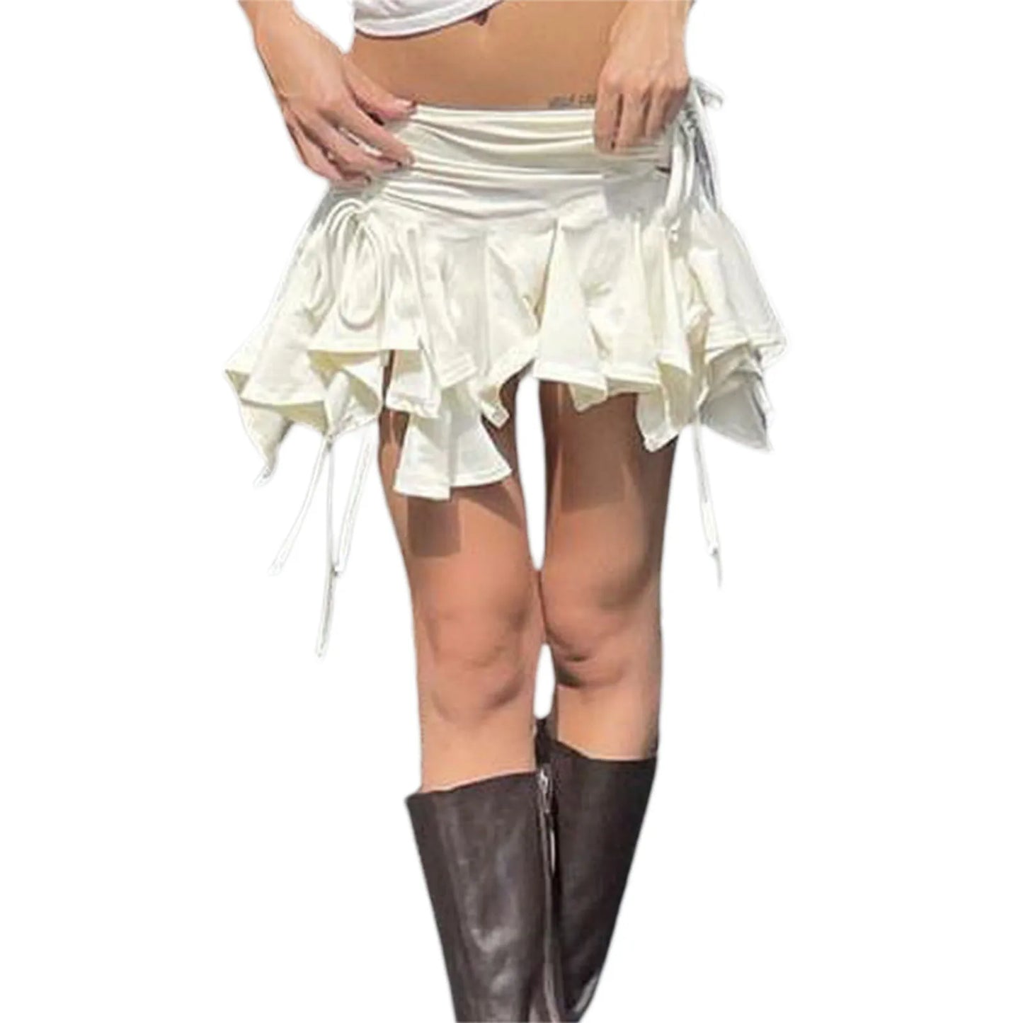 Women Solid Color Gothic Punk Irregular Skirts Summer Fashion Drawstring Tie-Up Ruched Ruffles Mini Skirt Black/White