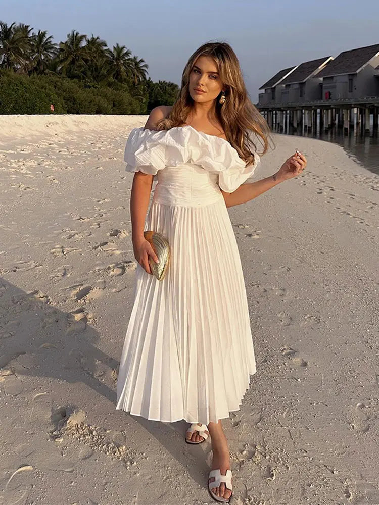 maoxiangshop - Sexy Solid Off Shoulder Pleated Maxi Dress For Women Chic Slim Fit Short Sleeve Robes Autumn Winter Party Ladies Dresses