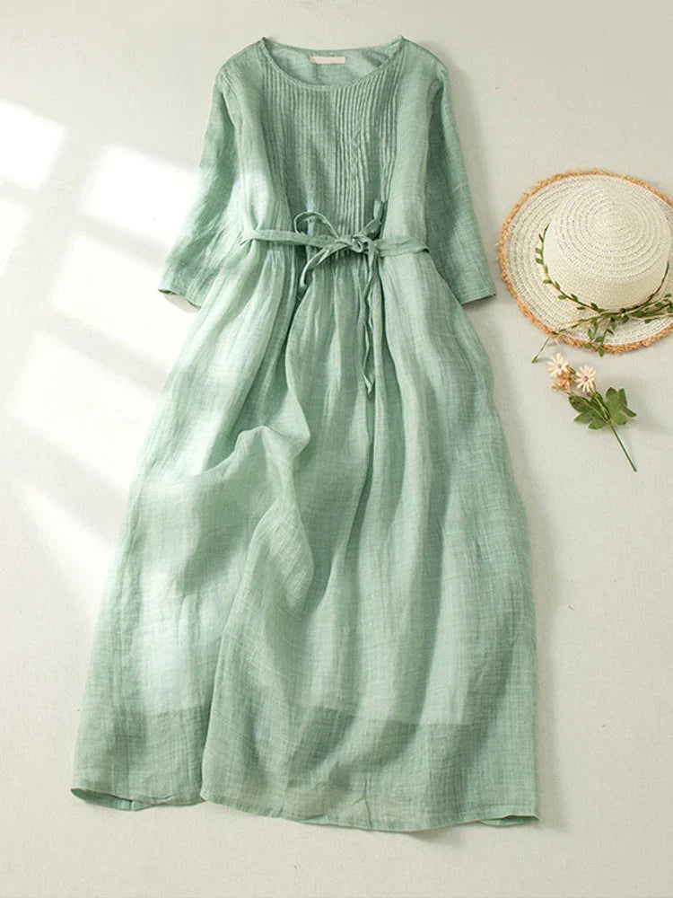 maoxiangshop Japan Style Double Layers Women Dresses Chic Organ Pleats Short Sleeve O-Neck Cotton Blended Office Lady Midi Dresses Robe Femme
