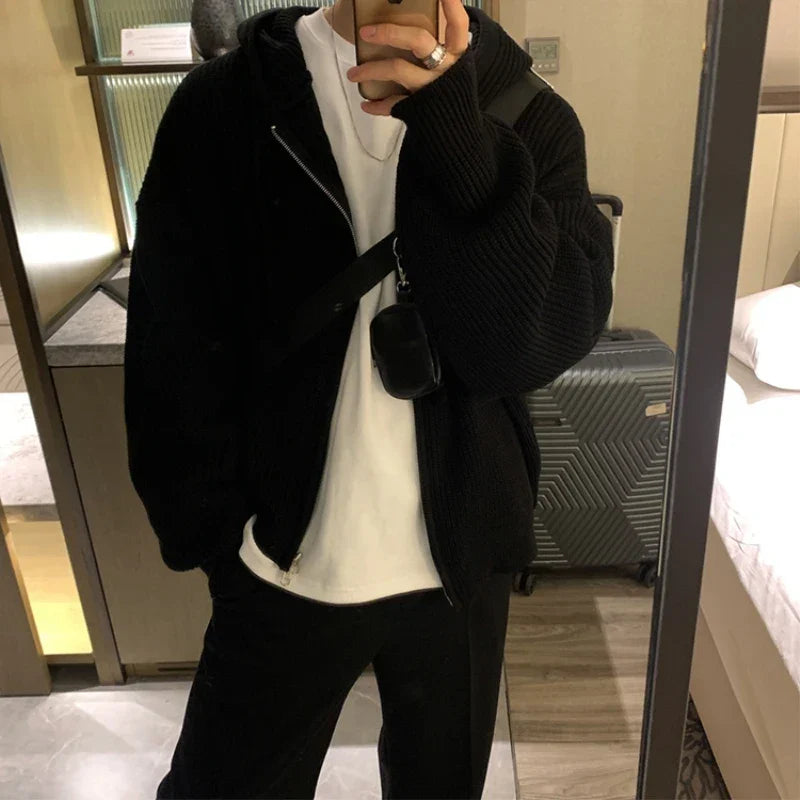 maoxiangshop Winter Sweater Cardigan Men Warm Oversized Knitted Hooded Sweater Coat Men Korean Loose Cardigan Sweater Mens Jumper Clothes
