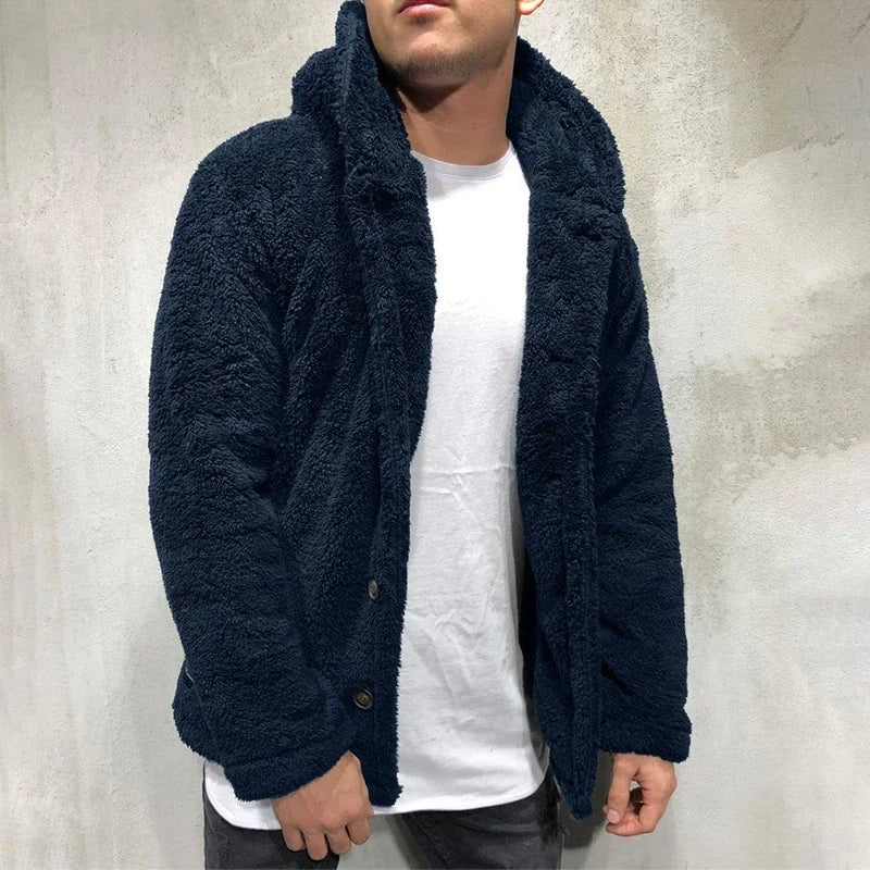 maoxiangshop Men's Teddy Bear Fleece Coat Cardigan Winter Warm Hooded Coat Fashion Solid Color Long Sleeve Pocket Button Hooded Warm Coat