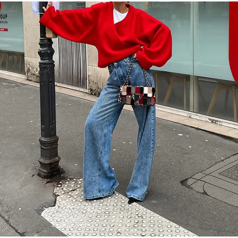 maoxiangshop - Loose Casual Red knitted Sweater Female 2024 Fashion Autumn Winter Long Sleeve Pullovers V Neck Splice Women's Solid Top