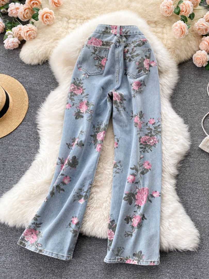 maoxiangshop Flowers Print Jeans Women Vintage High Waist Denim Long Pants Fashion Autumn Casual Wide Leg Full Length Denim Trousers