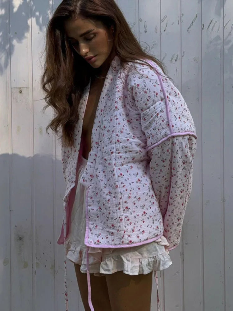 maoxiangshop - Printed Y Collar Lace Up Thin Coats Women Casual Loose Patchwork Long Sleeve Padded Jackets Female Autumn Chic Elegant Outwear
