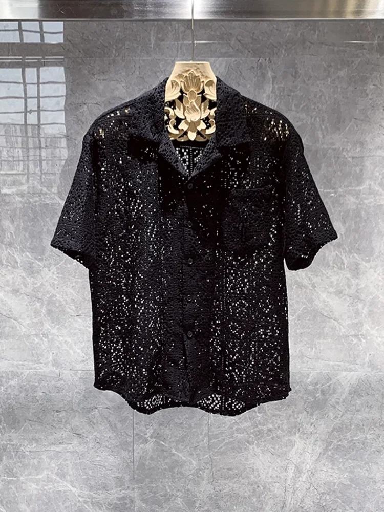 maoxiangshop Summer Mens Hollow Out Crochet Beach Shirt Short Sleeve Single Breasted Loose Fit Tops Vintage Breathable Night Clubwear Shirts