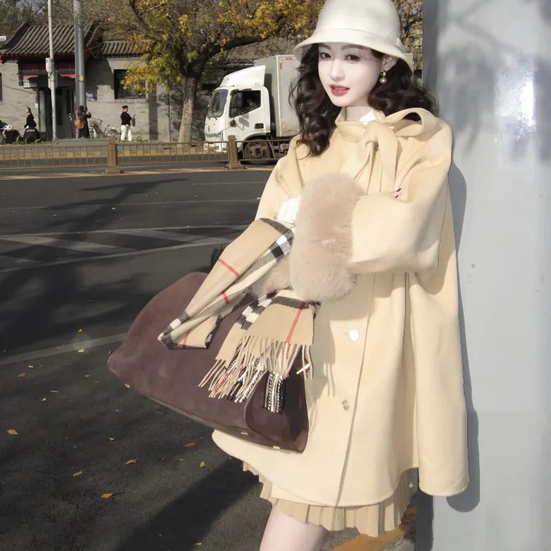 maoxiangshop - Autumn Elegant Woolen Coat Women Vintage Small Fragrance Long Sleeve Chic Jacket Fashion Ladies Loose Jacket Female Outerwears